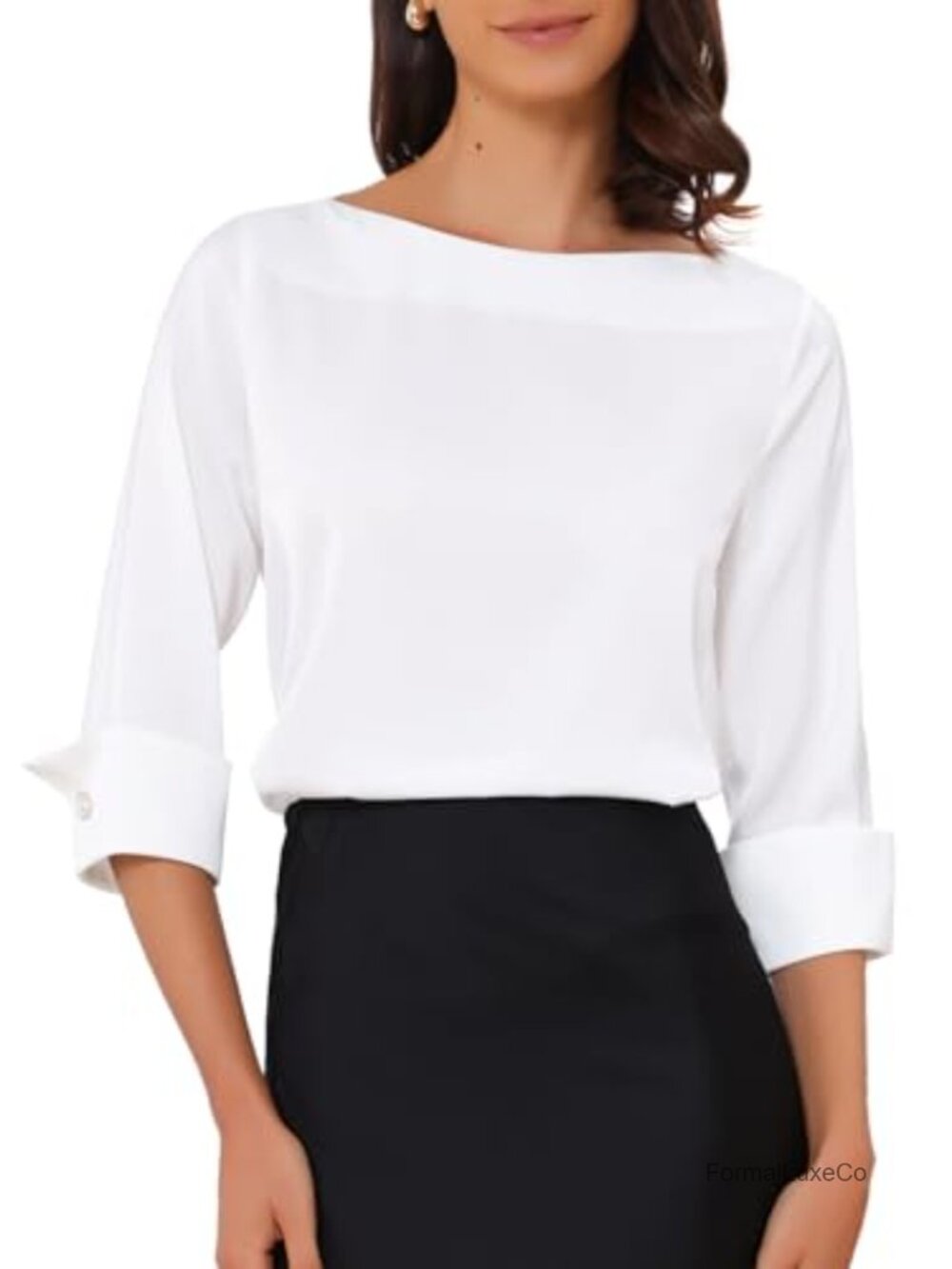 Satin Blouse Boat Neck 3/4 Sleeve Business Work Shirt